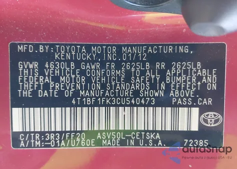 2012 Toyota Camry Se z USA, uszkodzony, nr VIN 4T1BF1FK3CU540473